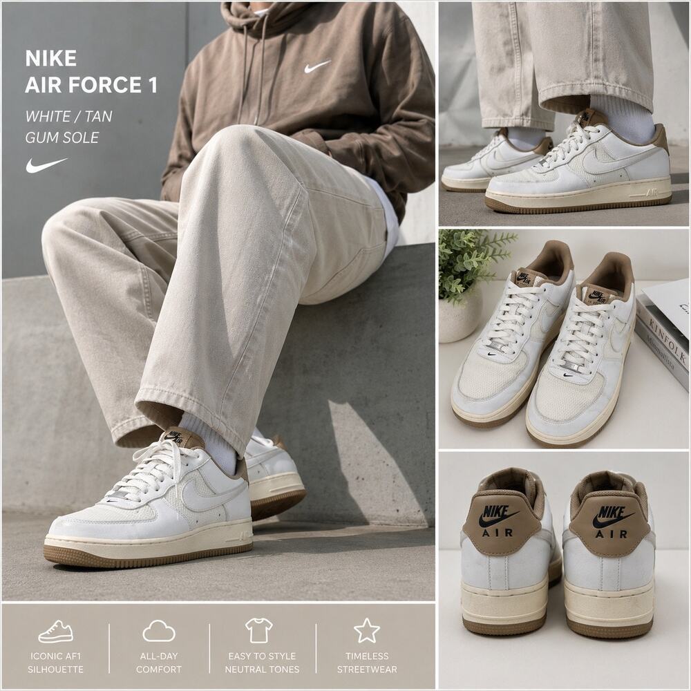 Nike Air Force 1 Low White Tan Gum Sole Mesh Sneakers Men’s 12.5 Streetwear